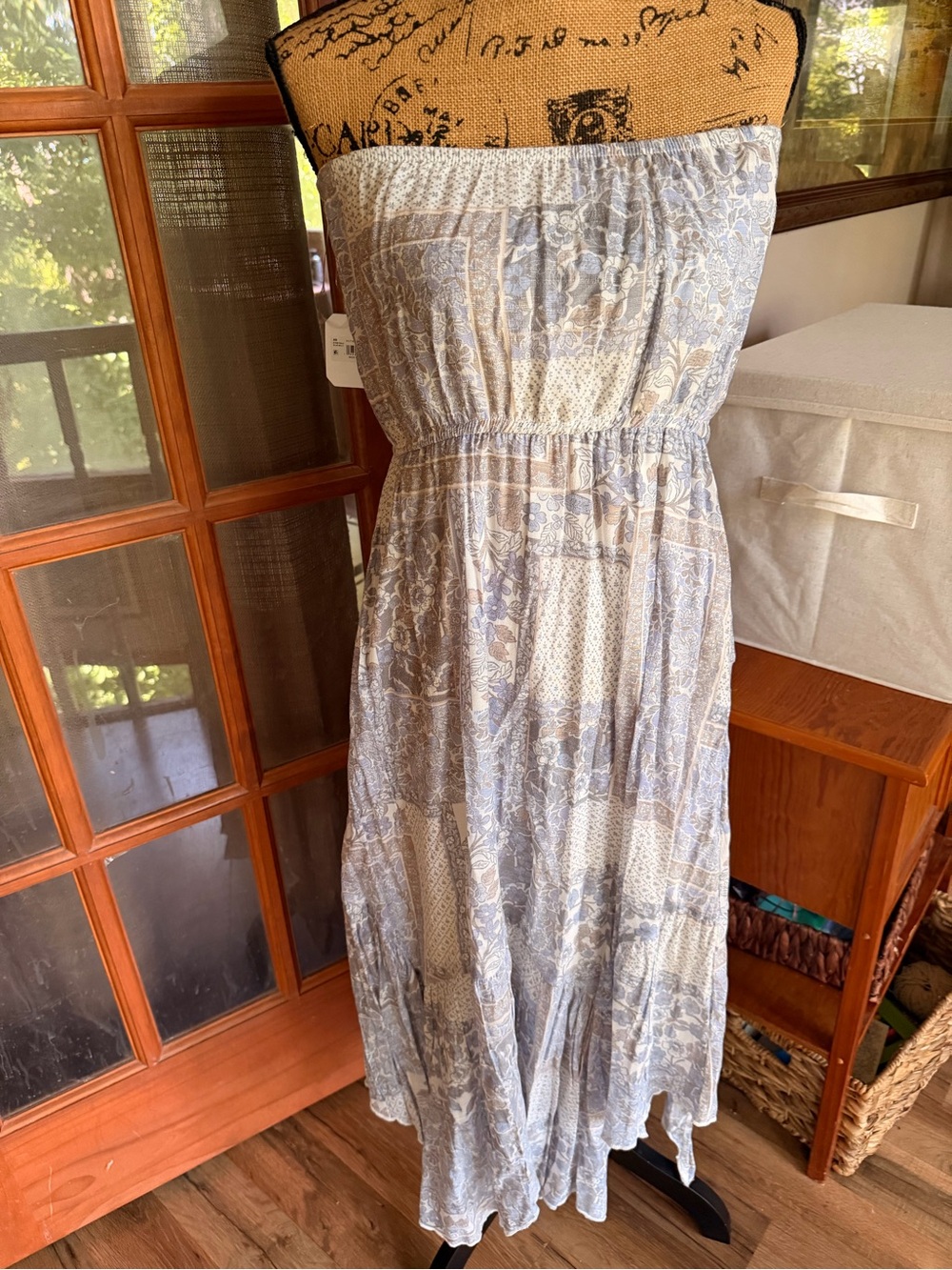 Altar'd State Strapless Boho Maxi Dress in Light Blue and Cream